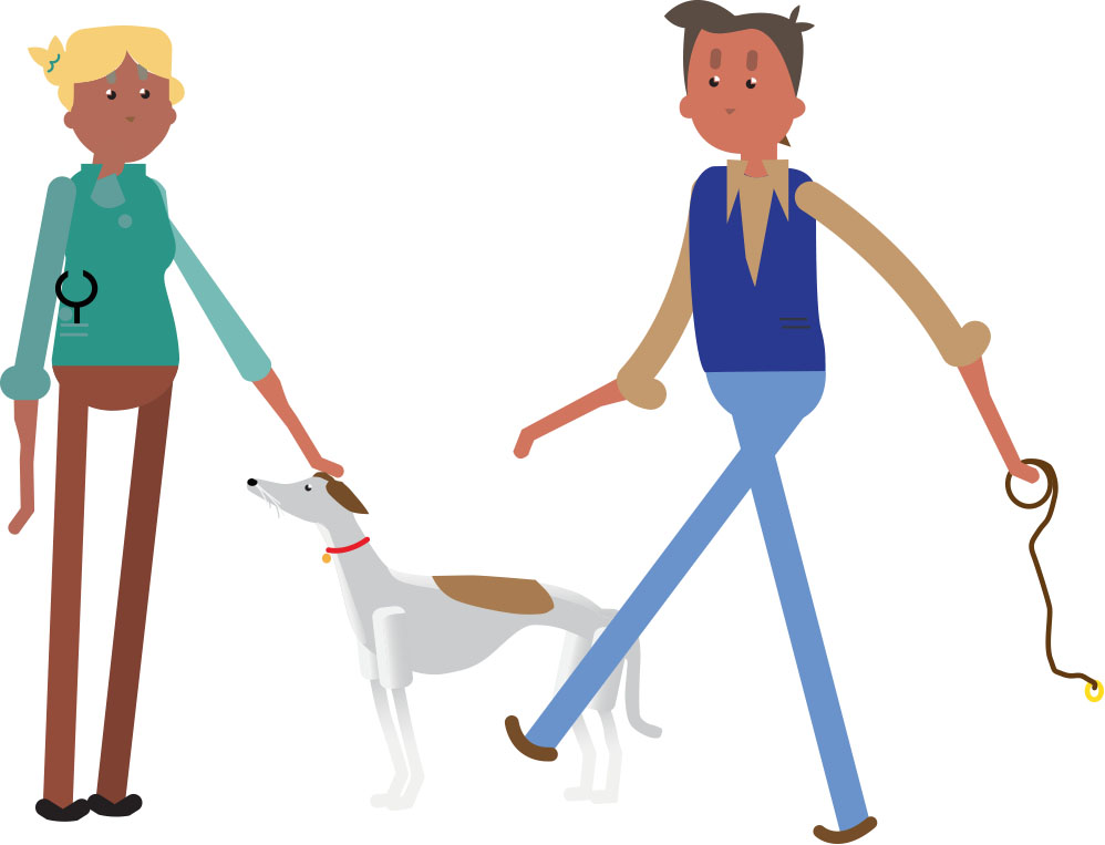 Illustration of veterinarian, pet owner, and dog